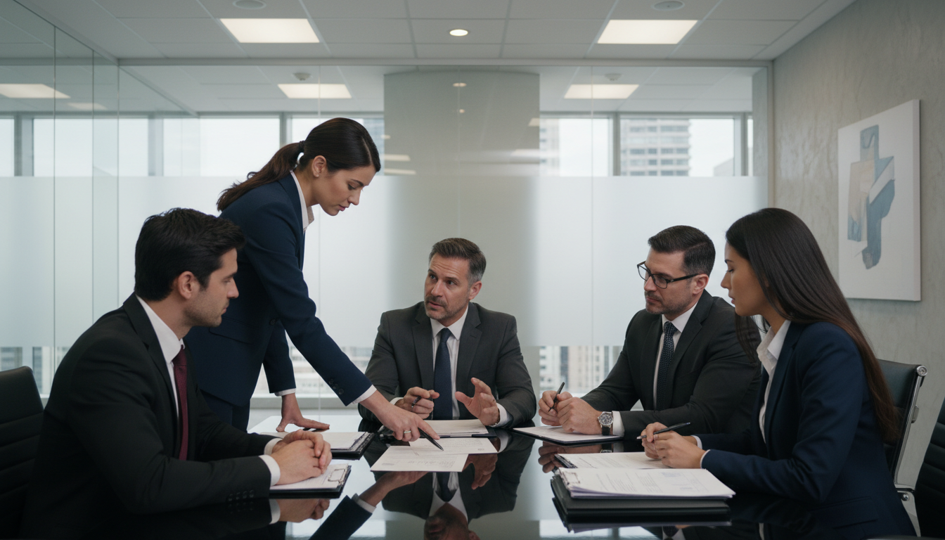 Group of professionals discussing corporate bankruptcy strategy with an arbitration manager